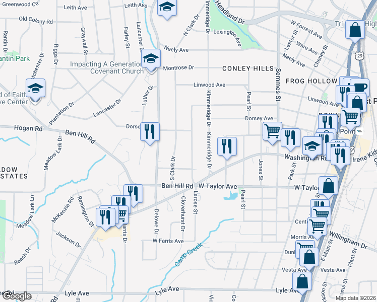 map of restaurants, bars, coffee shops, grocery stores, and more near 2894 Cloverhurst Drive in East Point