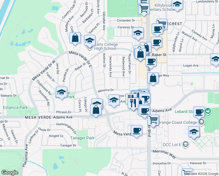 map of restaurants, bars, coffee shops, grocery stores, and more near 2908 Andros Street in Costa Mesa