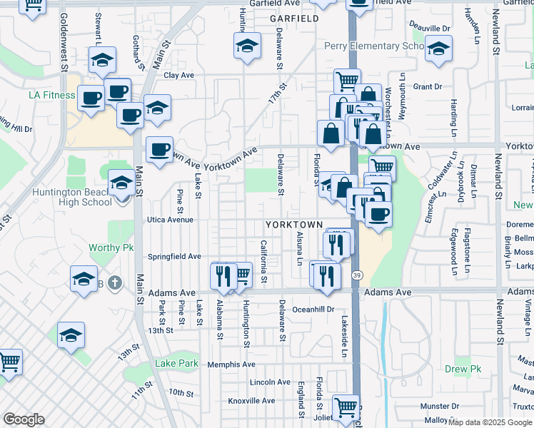 map of restaurants, bars, coffee shops, grocery stores, and more near in Huntington Beach
