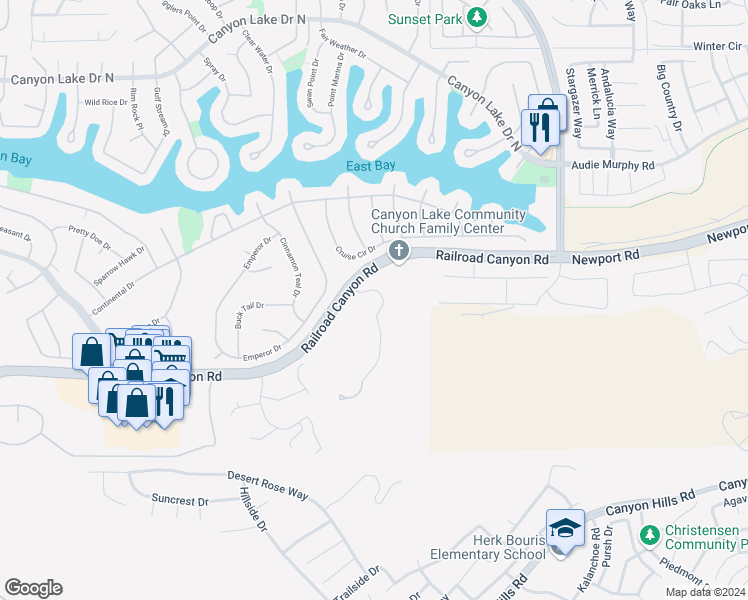 map of restaurants, bars, coffee shops, grocery stores, and more near 30605 Sorrel Lane in Canyon Lake