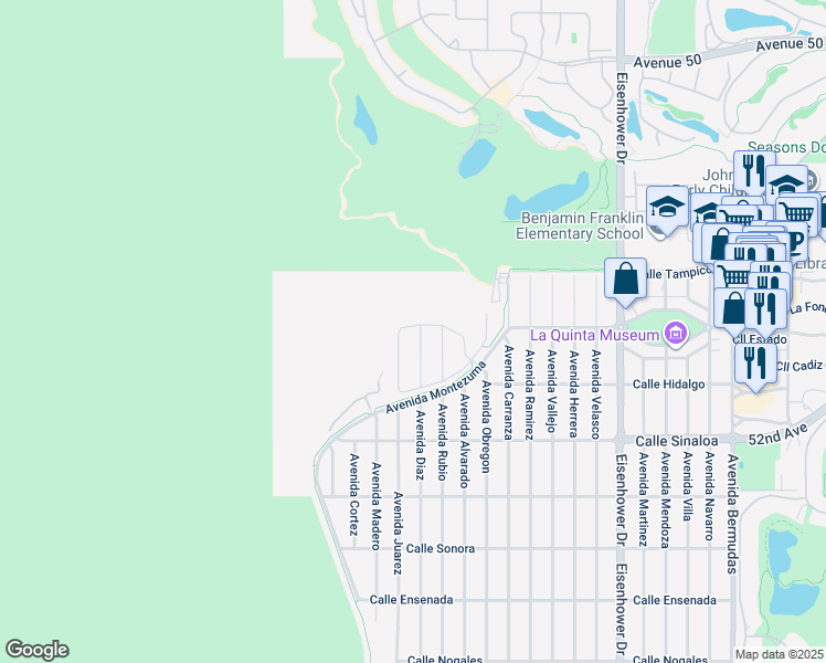 map of restaurants, bars, coffee shops, grocery stores, and more near 51255 Avenida Diaz in La Quinta