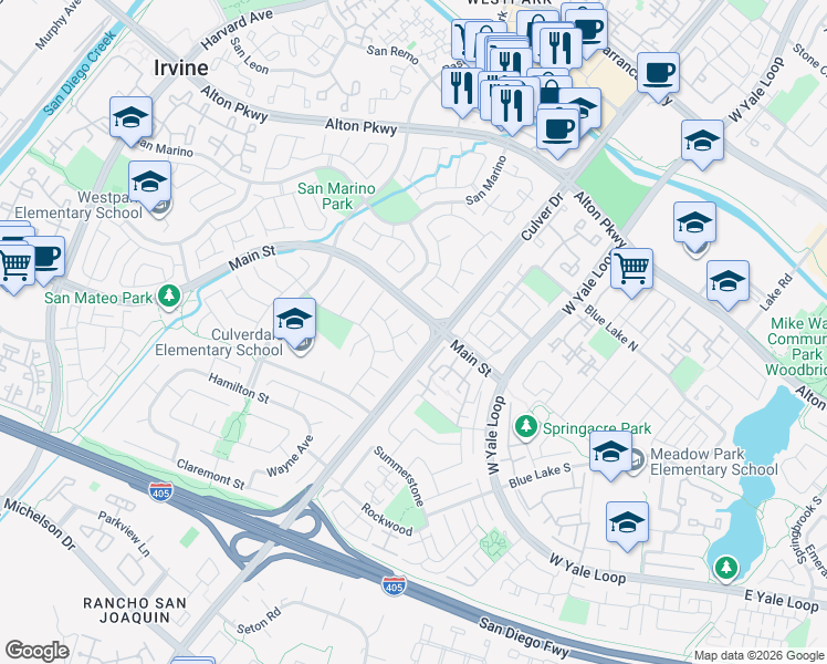 map of restaurants, bars, coffee shops, grocery stores, and more near 1 Andria in Irvine