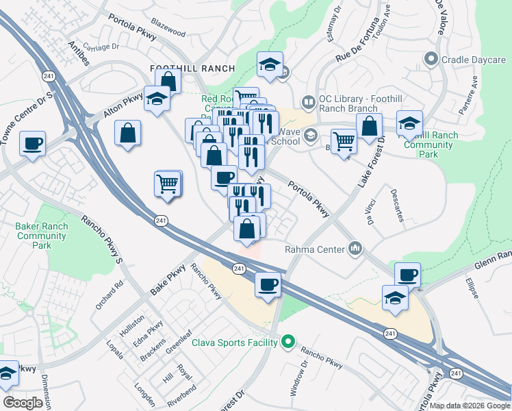 map of restaurants, bars, coffee shops, grocery stores, and more near 1213 El Paseo in Lake Forest
