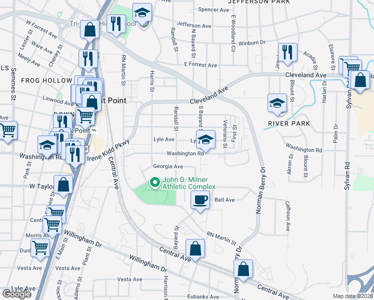 map of restaurants, bars, coffee shops, grocery stores, and more near 1318 Lyle Avenue in East Point