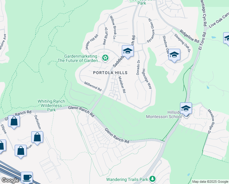 map of restaurants, bars, coffee shops, grocery stores, and more near 28535 Trento Way in Trabuco Canyon