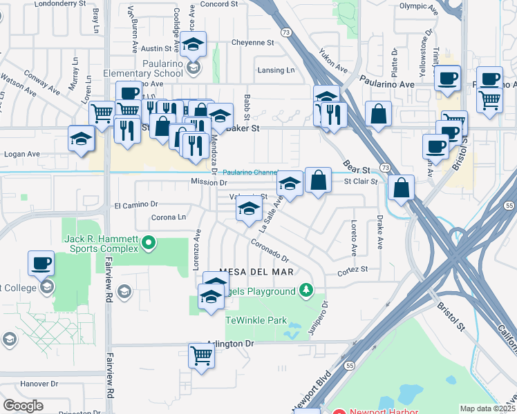 map of restaurants, bars, coffee shops, grocery stores, and more near 988 El Camino Drive in Costa Mesa