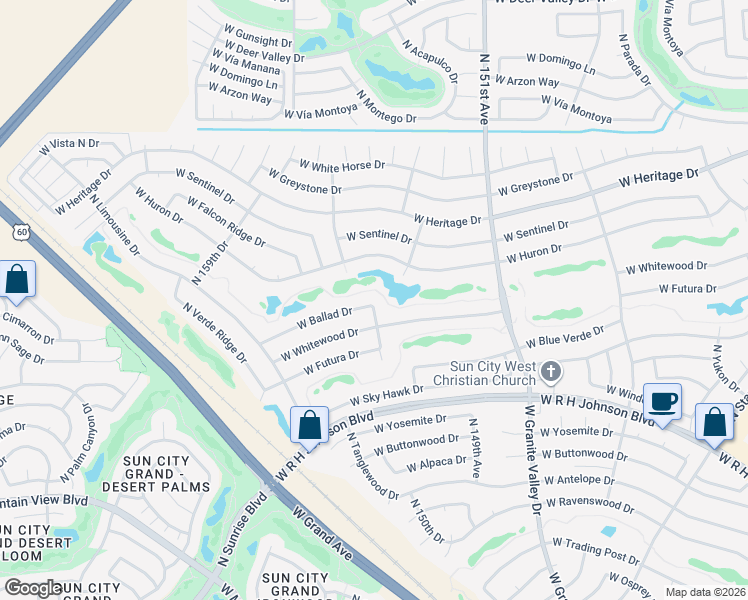 map of restaurants, bars, coffee shops, grocery stores, and more near 15510 West Ballad Drive in Sun City West