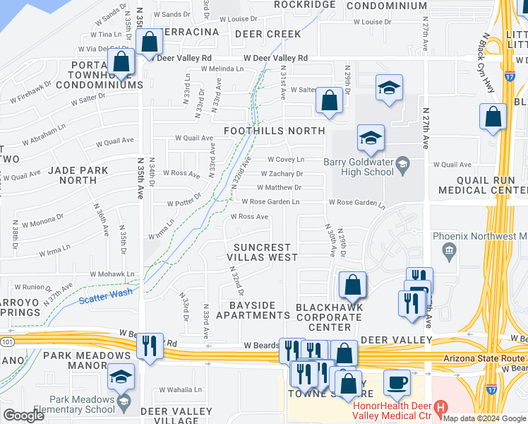 map of restaurants, bars, coffee shops, grocery stores, and more near 3124 West Ross Avenue in Phoenix