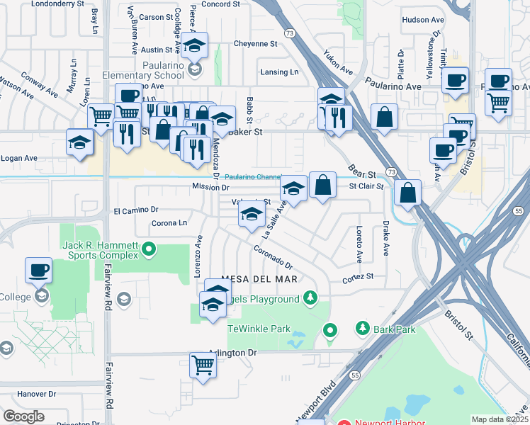 map of restaurants, bars, coffee shops, grocery stores, and more near 984 El Camino Drive in Costa Mesa