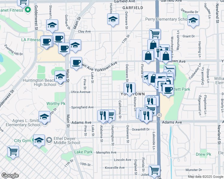 map of restaurants, bars, coffee shops, grocery stores, and more near in Huntington Beach