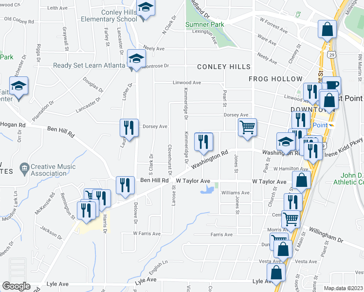 map of restaurants, bars, coffee shops, grocery stores, and more near 2907 Kimmeridge Drive in East Point