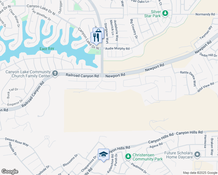 map of restaurants, bars, coffee shops, grocery stores, and more near 24398 Ponderosa Lane in Menifee