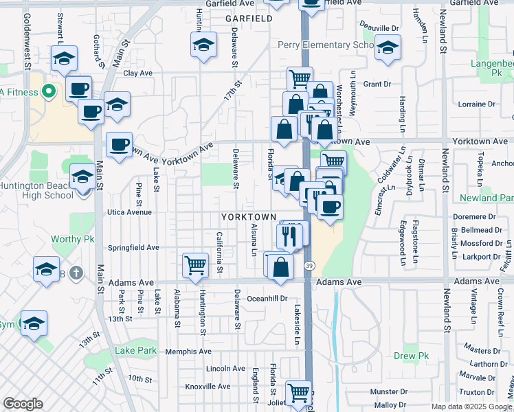 map of restaurants, bars, coffee shops, grocery stores, and more near 607 Utica Avenue in Huntington Beach