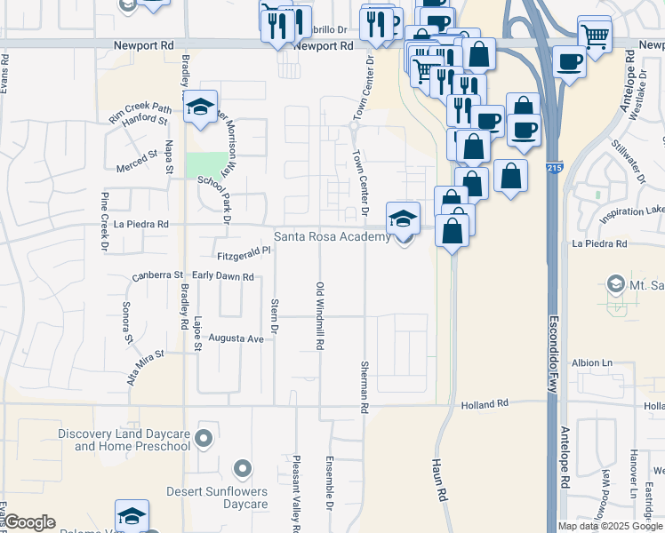 map of restaurants, bars, coffee shops, grocery stores, and more near 30620 Old Windmill Road in Menifee