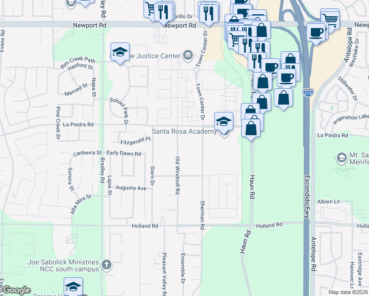 map of restaurants, bars, coffee shops, grocery stores, and more near 30540 Old Windmill Road in Menifee