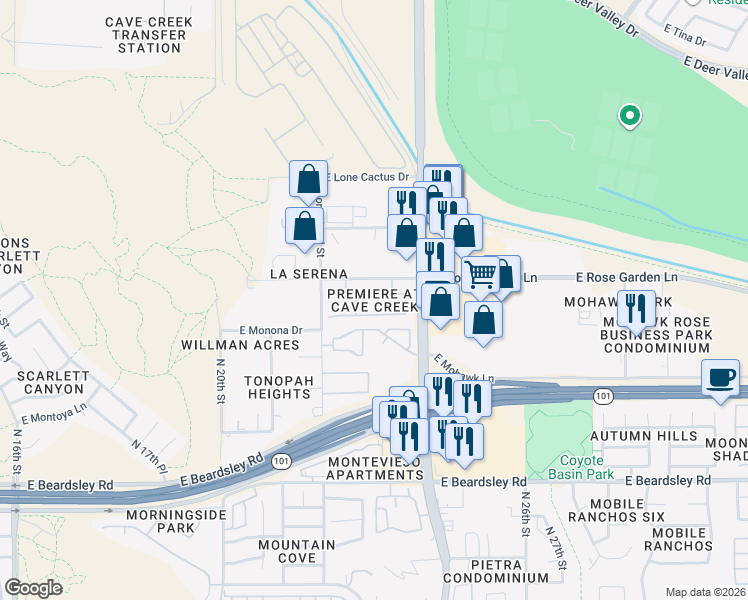 map of restaurants, bars, coffee shops, grocery stores, and more near 2244 East Ross Avenue in Phoenix