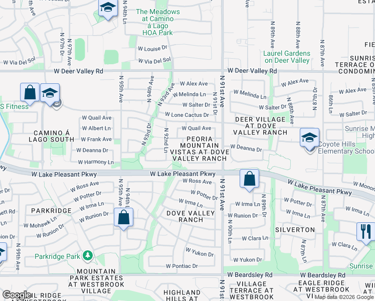 map of restaurants, bars, coffee shops, grocery stores, and more near 9210 West Frank Avenue in Peoria
