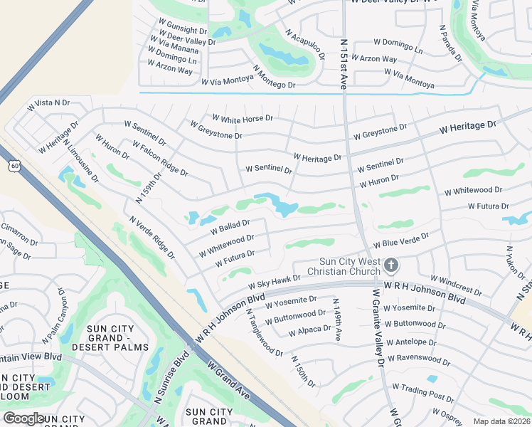 map of restaurants, bars, coffee shops, grocery stores, and more near 15510 West Ballad Drive in Sun City West