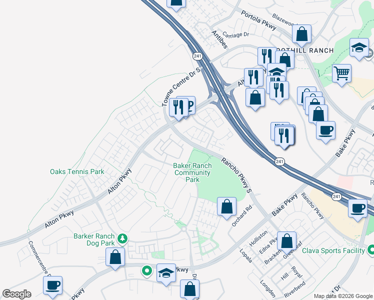 map of restaurants, bars, coffee shops, grocery stores, and more near 202 Finch in Lake Forest