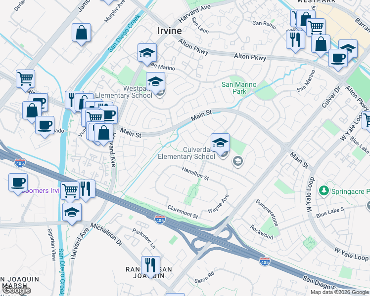map of restaurants, bars, coffee shops, grocery stores, and more near 18 Trapani in Irvine