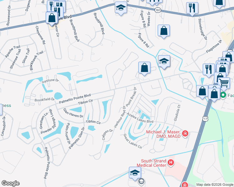 map of restaurants, bars, coffee shops, grocery stores, and more near 51 Tibton Circle in Myrtle Beach