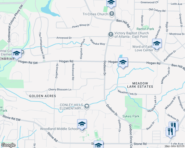 map of restaurants, bars, coffee shops, grocery stores, and more near 2795 Spain Drive in East Point
