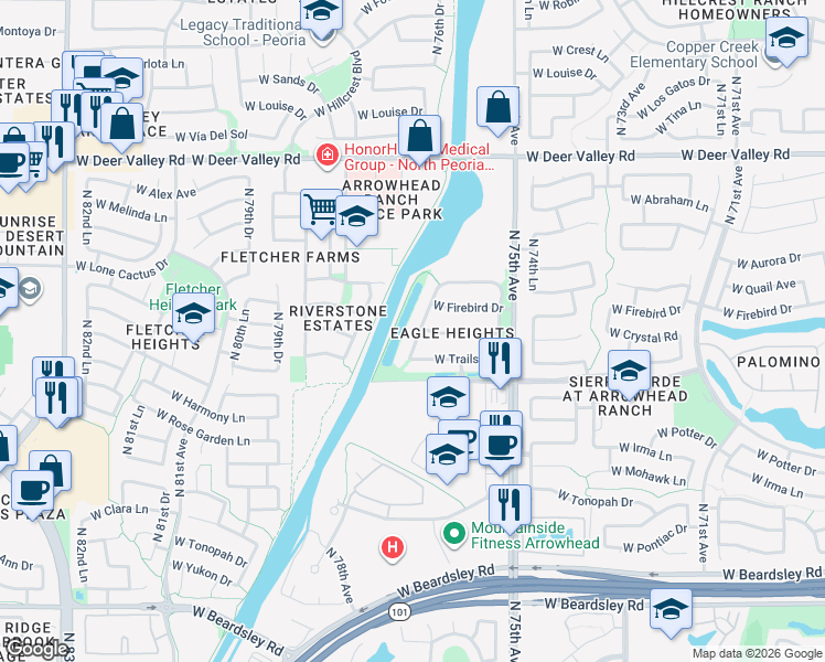 map of restaurants, bars, coffee shops, grocery stores, and more near 21092 North 76th Avenue in Glendale