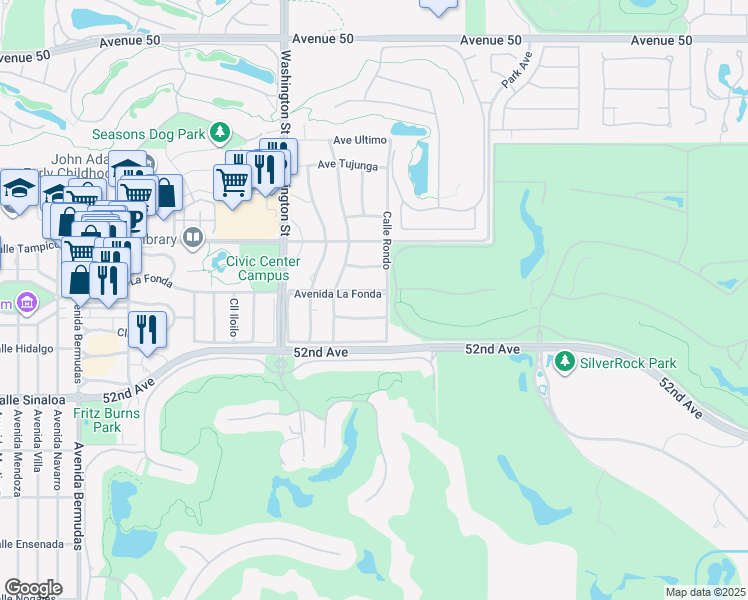 map of restaurants, bars, coffee shops, grocery stores, and more near 78740 Avenida La Fonda in La Quinta