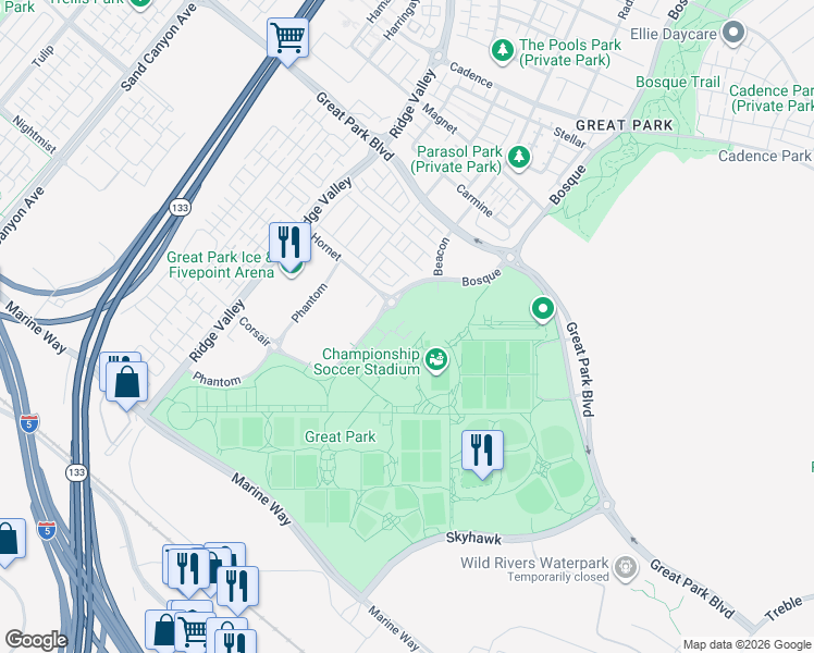 map of restaurants, bars, coffee shops, grocery stores, and more near 14280 C Street in Irvine