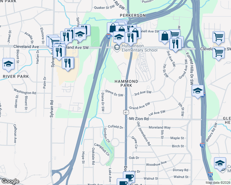map of restaurants, bars, coffee shops, grocery stores, and more near 639 Steve Drive Southwest in Atlanta