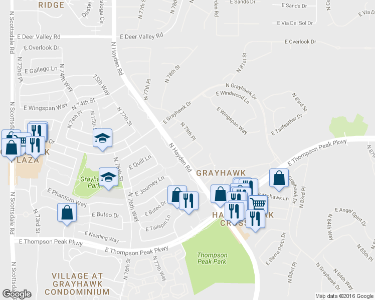 map of restaurants, bars, coffee shops, grocery stores, and more near 7926 East Thunderhawk Road in Scottsdale