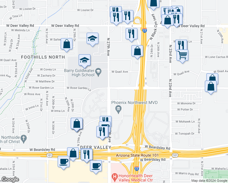 map of restaurants, bars, coffee shops, grocery stores, and more near 20827 North 27th Avenue in Phoenix