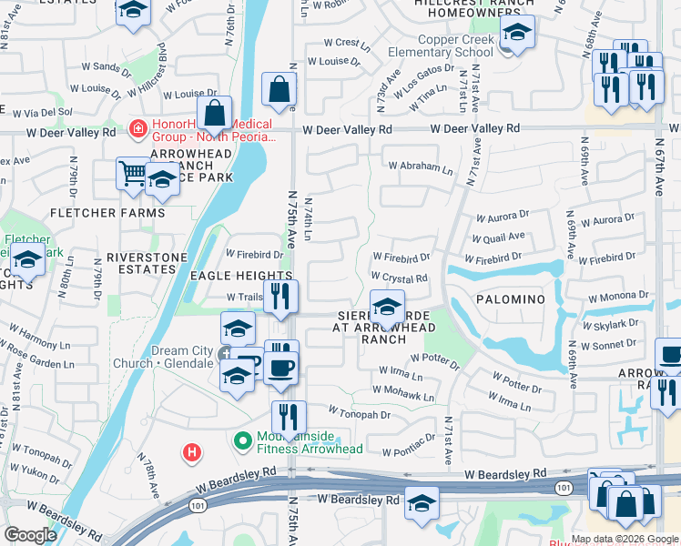 map of restaurants, bars, coffee shops, grocery stores, and more near 7453 West Firebird Drive in Glendale