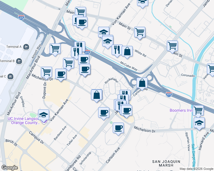 map of restaurants, bars, coffee shops, grocery stores, and more near 505 Rockefeller in Irvine