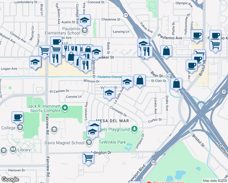map of restaurants, bars, coffee shops, grocery stores, and more near 989 Valencia Street in Costa Mesa