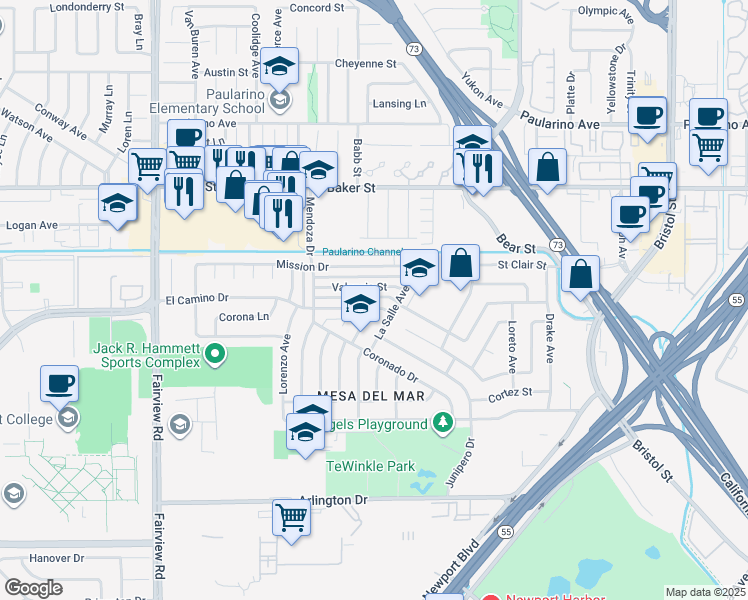 map of restaurants, bars, coffee shops, grocery stores, and more near 989 Valencia Street in Costa Mesa