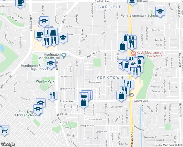 map of restaurants, bars, coffee shops, grocery stores, and more near 216 Venice Avenue in Huntington Beach