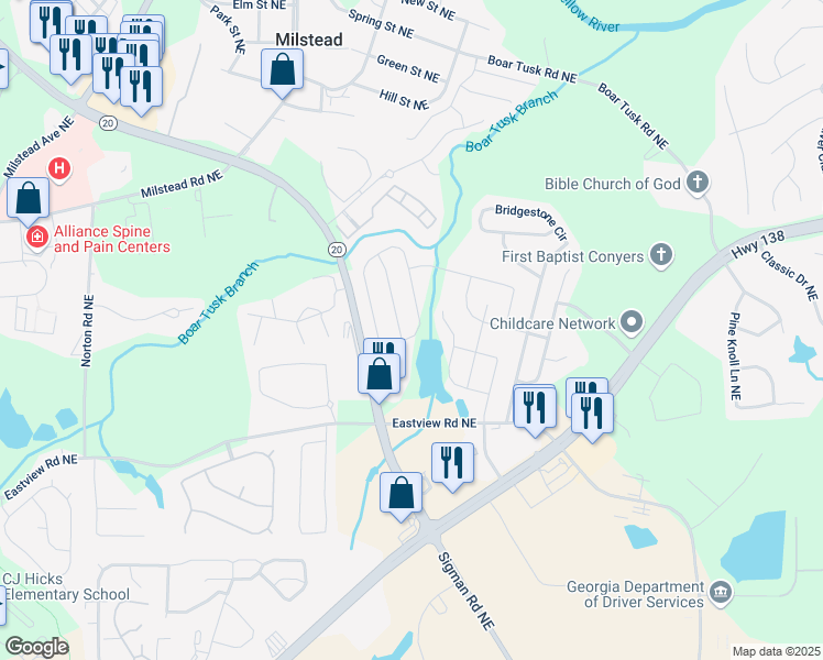map of restaurants, bars, coffee shops, grocery stores, and more near 1262 Brookstone Cir in Conyers