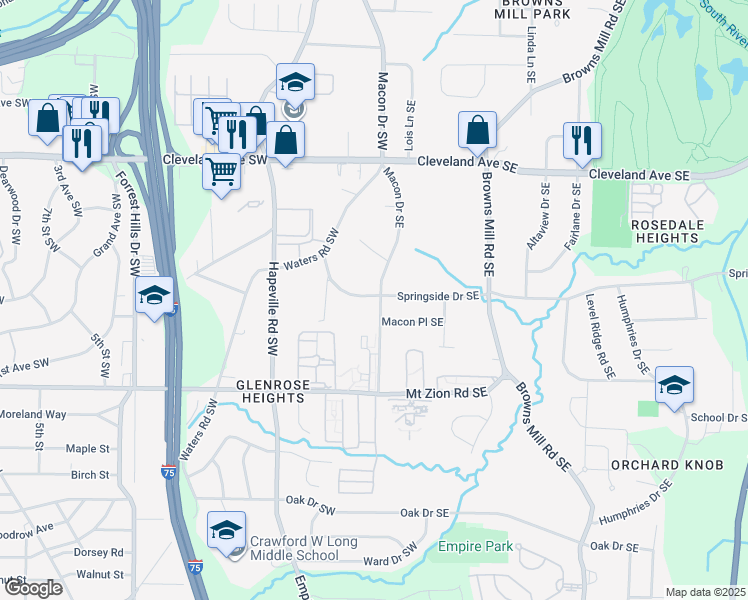 map of restaurants, bars, coffee shops, grocery stores, and more near 40 Springside Drive Southeast in Atlanta