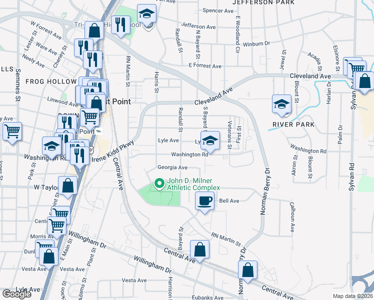 map of restaurants, bars, coffee shops, grocery stores, and more near 2885 Randall Street in East Point
