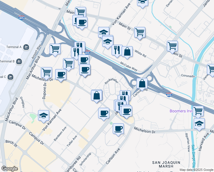 map of restaurants, bars, coffee shops, grocery stores, and more near 505 Rockefeller in Irvine
