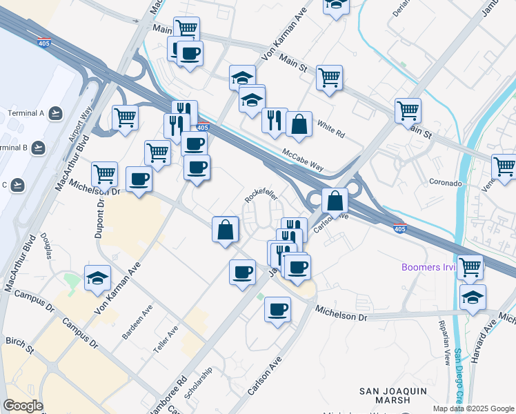 map of restaurants, bars, coffee shops, grocery stores, and more near in Irvine