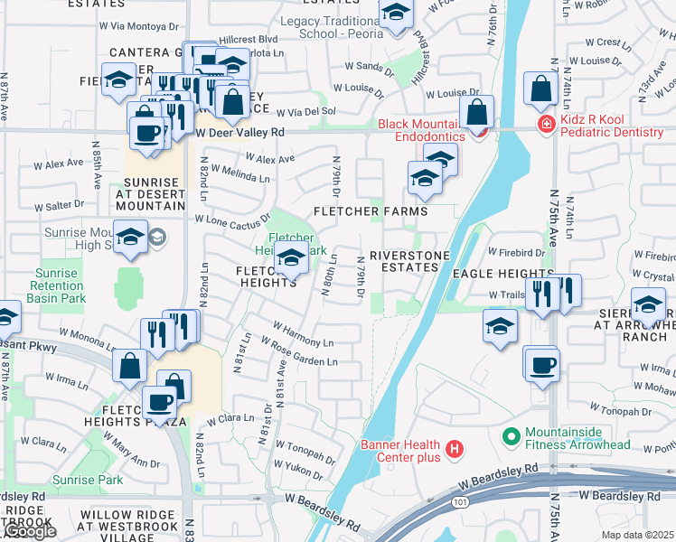 map of restaurants, bars, coffee shops, grocery stores, and more near 8009 West Quail Avenue in Peoria