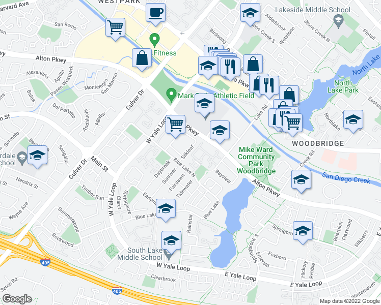 map of restaurants, bars, coffee shops, grocery stores, and more near 16 Silkleaf in Irvine