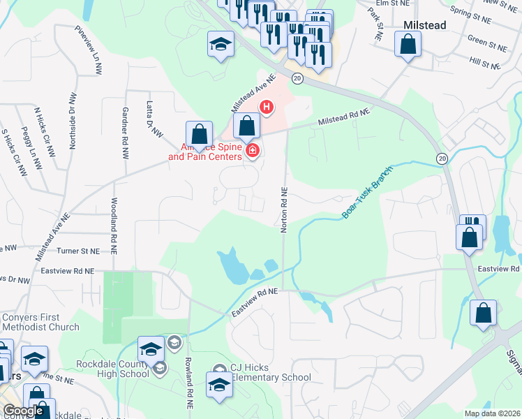 map of restaurants, bars, coffee shops, grocery stores, and more near 160 Wellbrook Court Northeast in Conyers