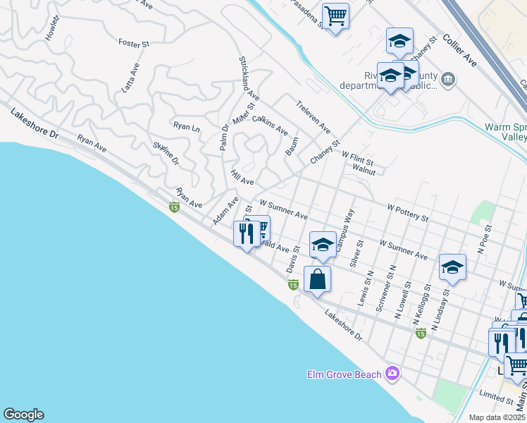map of restaurants, bars, coffee shops, grocery stores, and more near 221 Matich Street in Lake Elsinore
