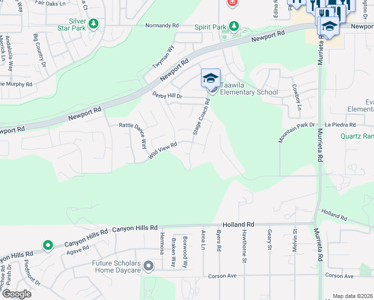 map of restaurants, bars, coffee shops, grocery stores, and more near 25334 High Noon Court in Menifee