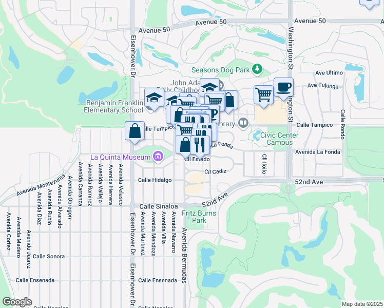 map of restaurants, bars, coffee shops, grocery stores, and more near 78120 Calle Estado in La Quinta