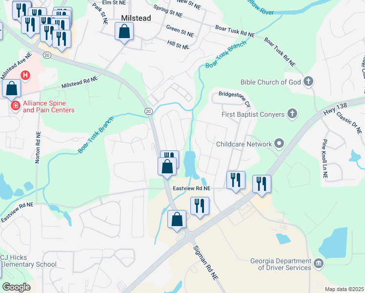 map of restaurants, bars, coffee shops, grocery stores, and more near 1262 Brookstone Cir in Conyers