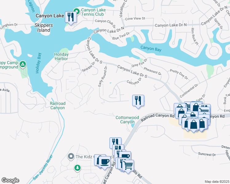 map of restaurants, bars, coffee shops, grocery stores, and more near 22627 Calcutta Drive in Canyon Lake